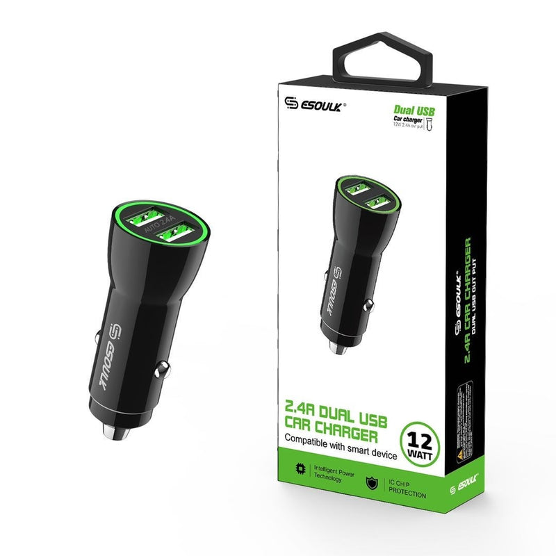 ESOULK 12W 2.4A Dual USB Car Adapter Black