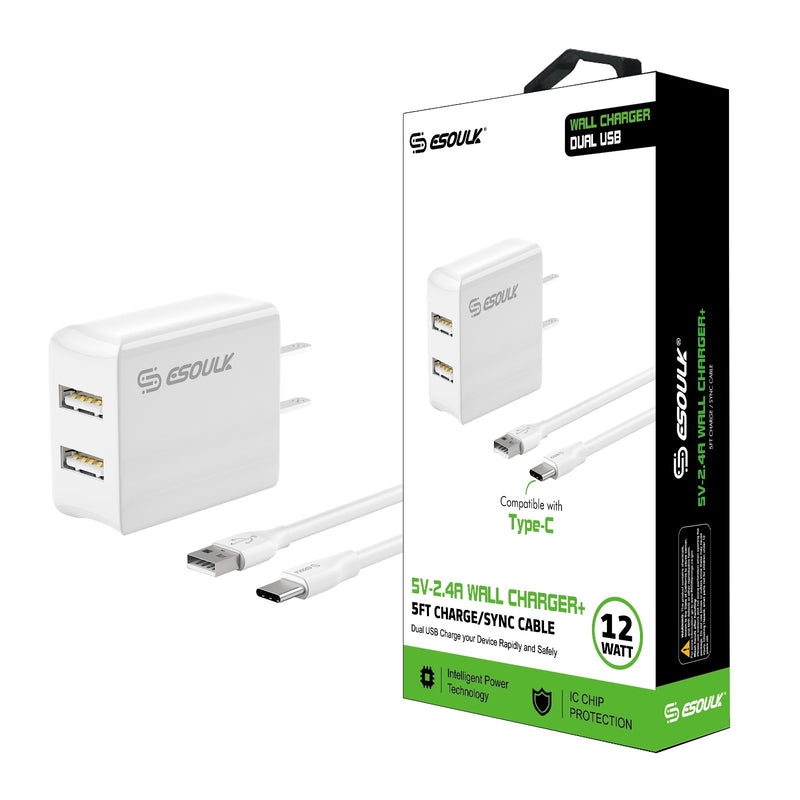 ESOULK 12W 2.4A Dual USB Travel Wall Charger with 5ft USB to USB-C Charging Cable