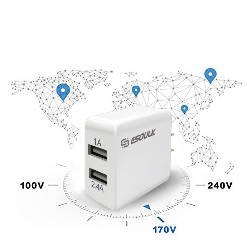 ESOULK 12W 2.4A Dual USB Travel Wall Charger with 5ft USB to USB-C Charging Cable